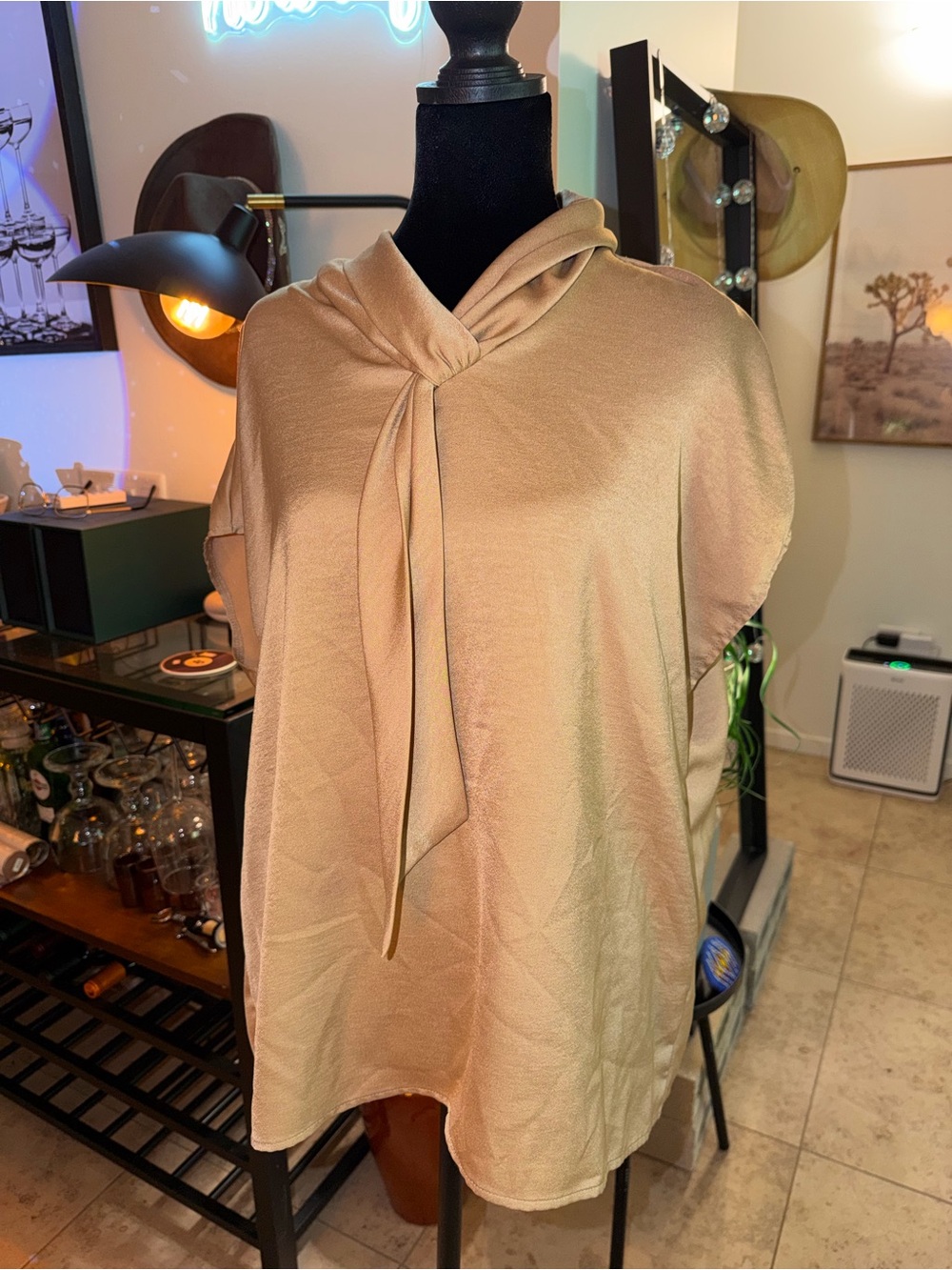 H&M Beige Tie-Neck Short Sleeve Tunic